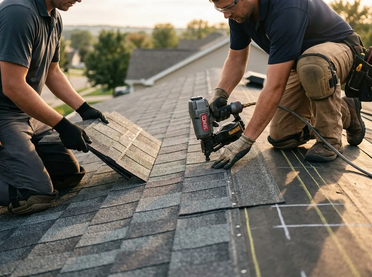 Professional roofer working on a residential roof in North Oaks